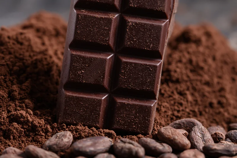Dark chocolate bar standing upright surrounded by cocoa powder and cocoa beans
