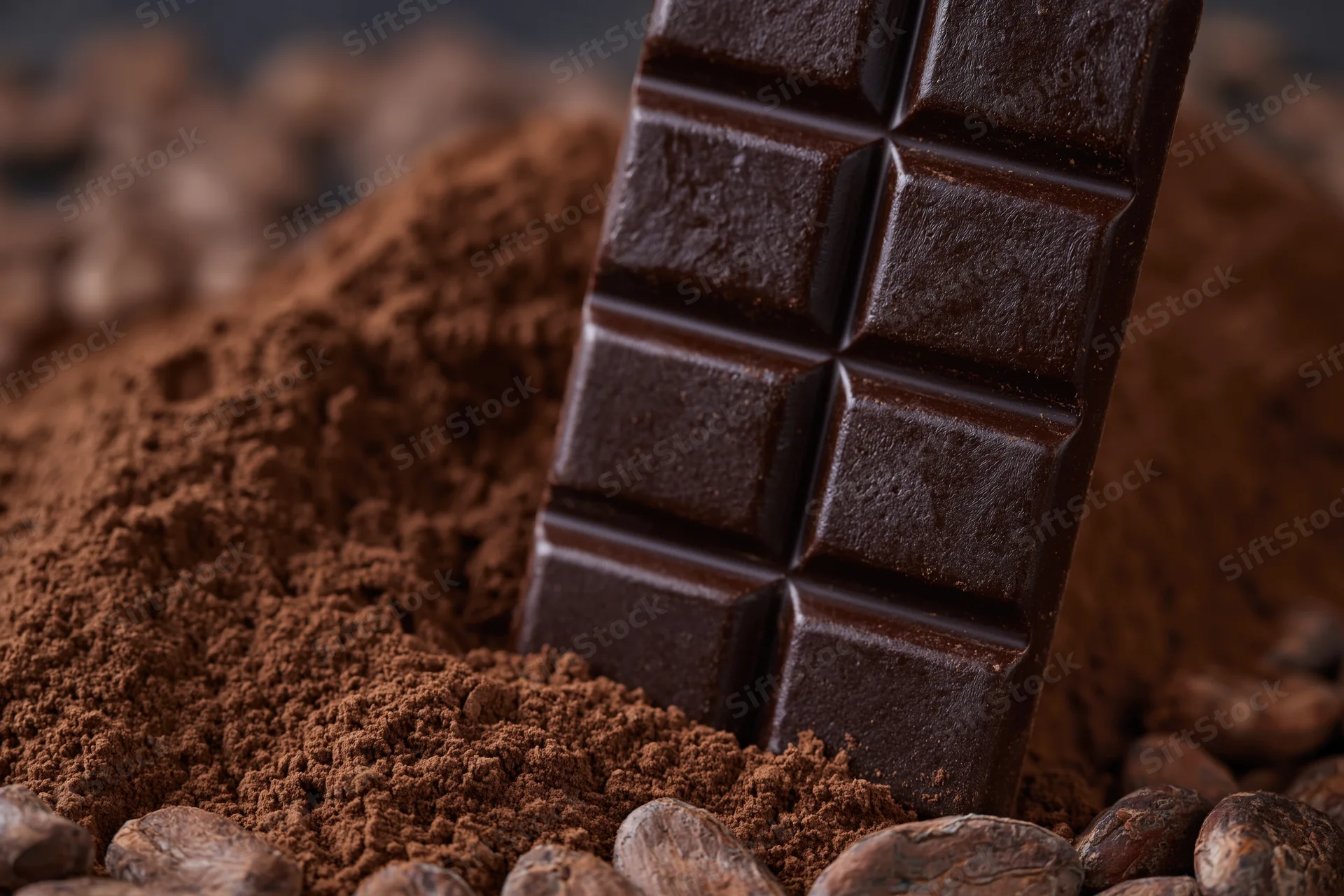 Dark chocolate bar standing upright in a pile of cocoa powder surrounded by cocoa beans