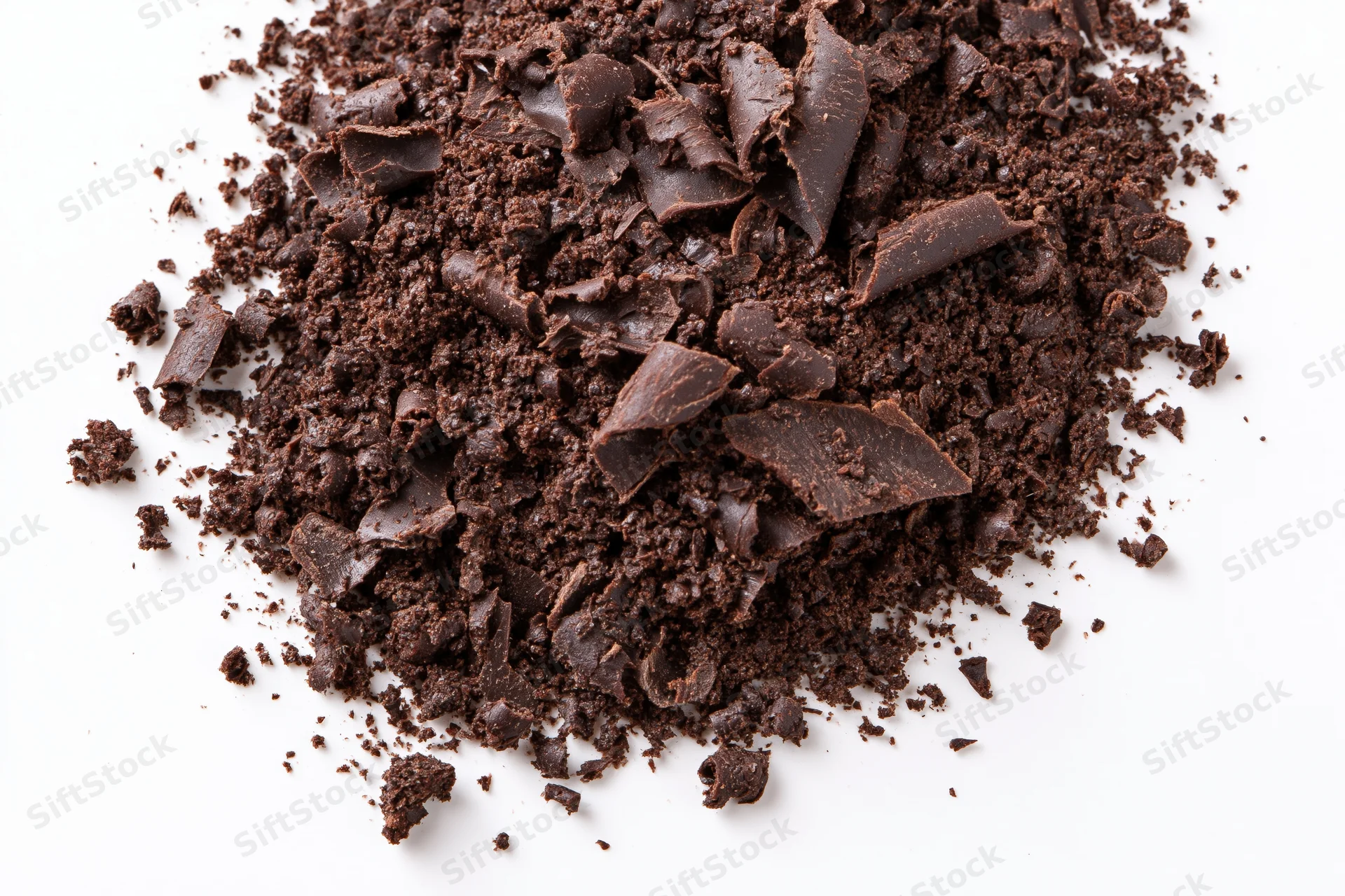 Dark chocolate shavings and crumbled pieces scattered in a pile on white background