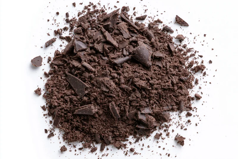 Dark chocolate shavings and crumbled pieces scattered in a pile on white background