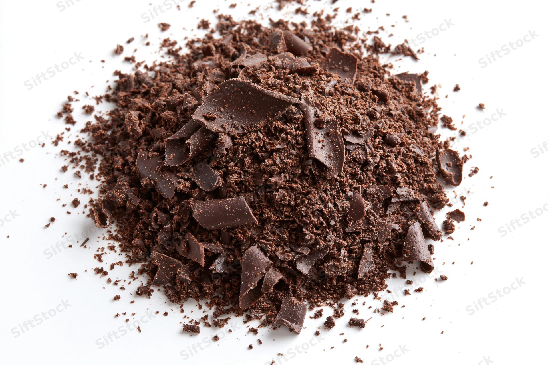 Pile of dark chocolate shavings and crumbled pieces scattered on white background