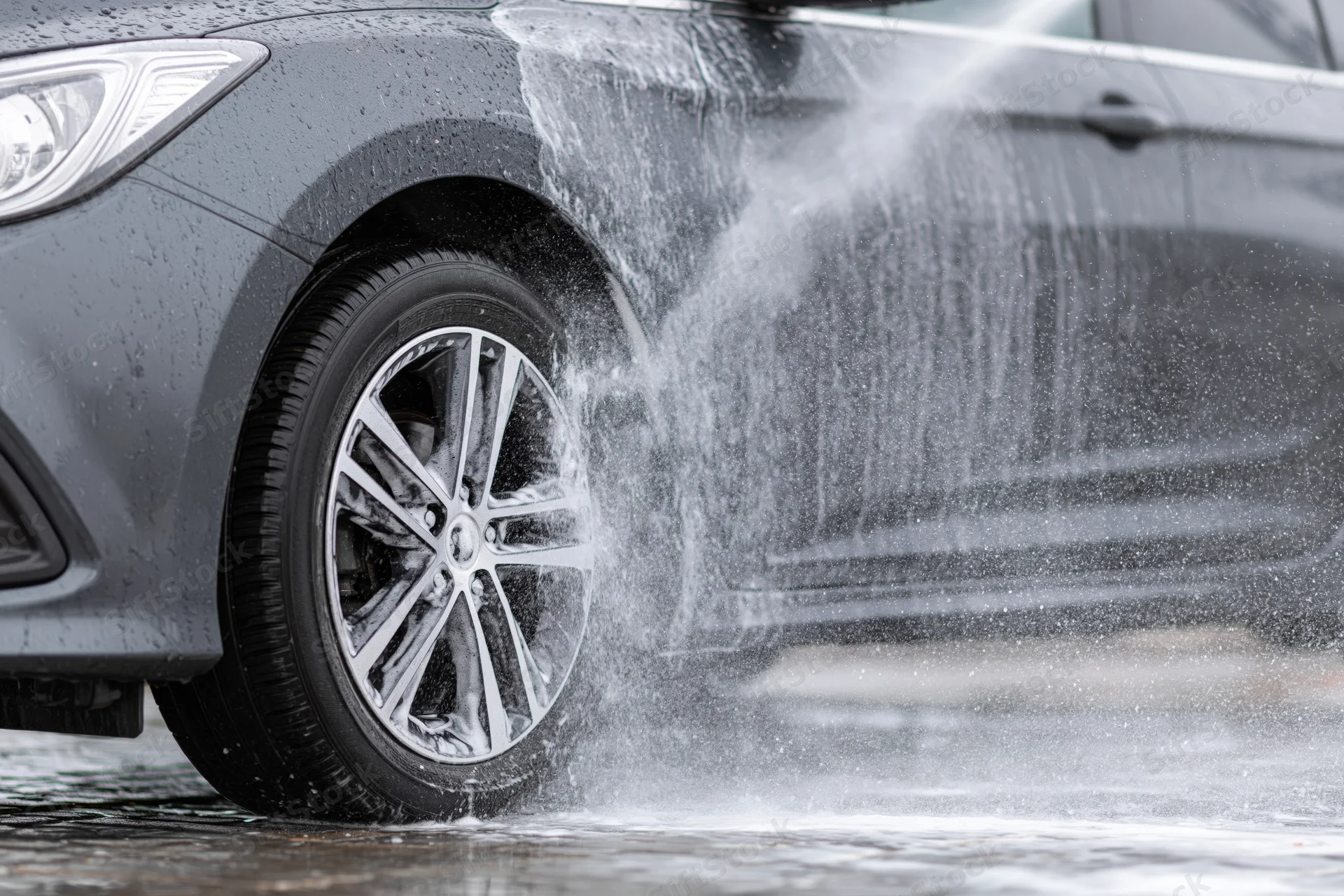 Dark grey sedan being sprayed with pressure washer water on wet pavement