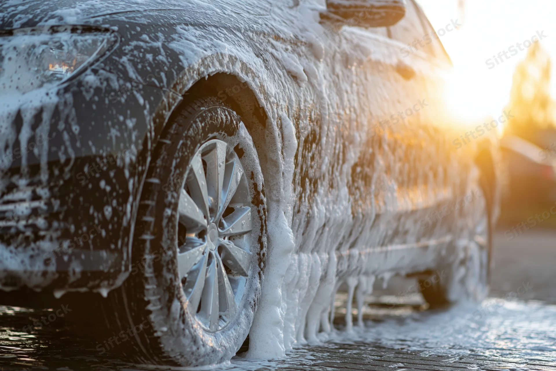 Dark sedan covered in white soapy foam during outdoor car wash at golden hour