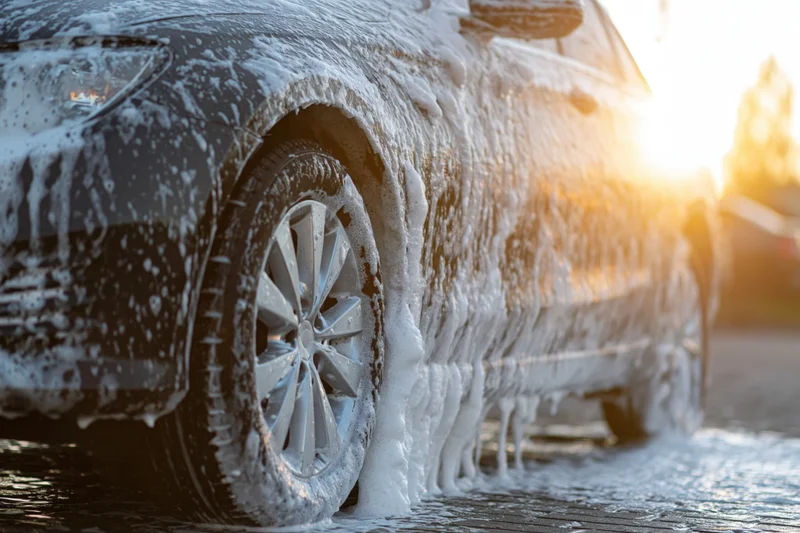 Dark sedan covered in white soapy foam during outdoor car wash at golden hour