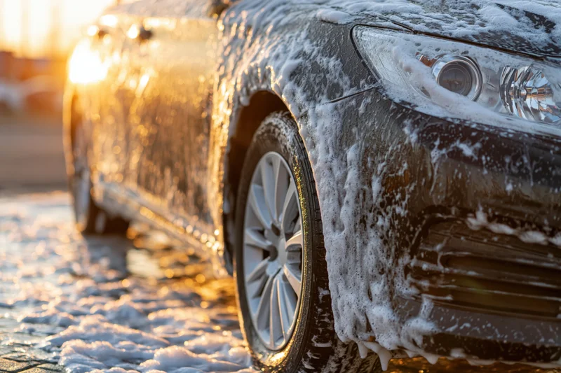 Dark sedan covered in white soapy foam being washed outdoors in winter sunlight