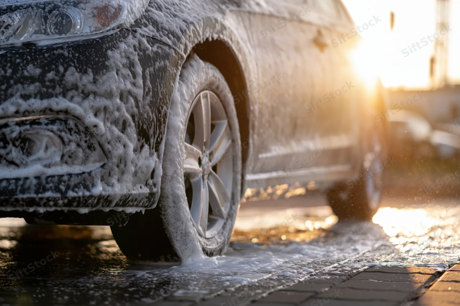 Dark sedan covered in white soapy foam being washed outdoors on wet pavement at golden hour