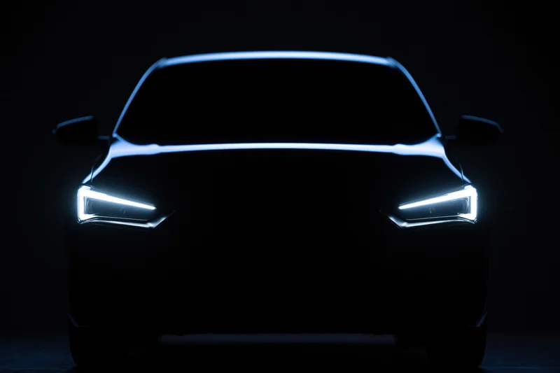 Modern sedan silhouette facing forward with glowing led headlights in dark studio