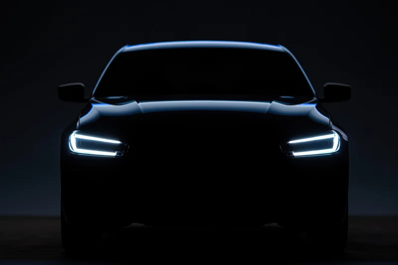 Modern sedan silhouette facing forward with illuminated led headlights in dark setting