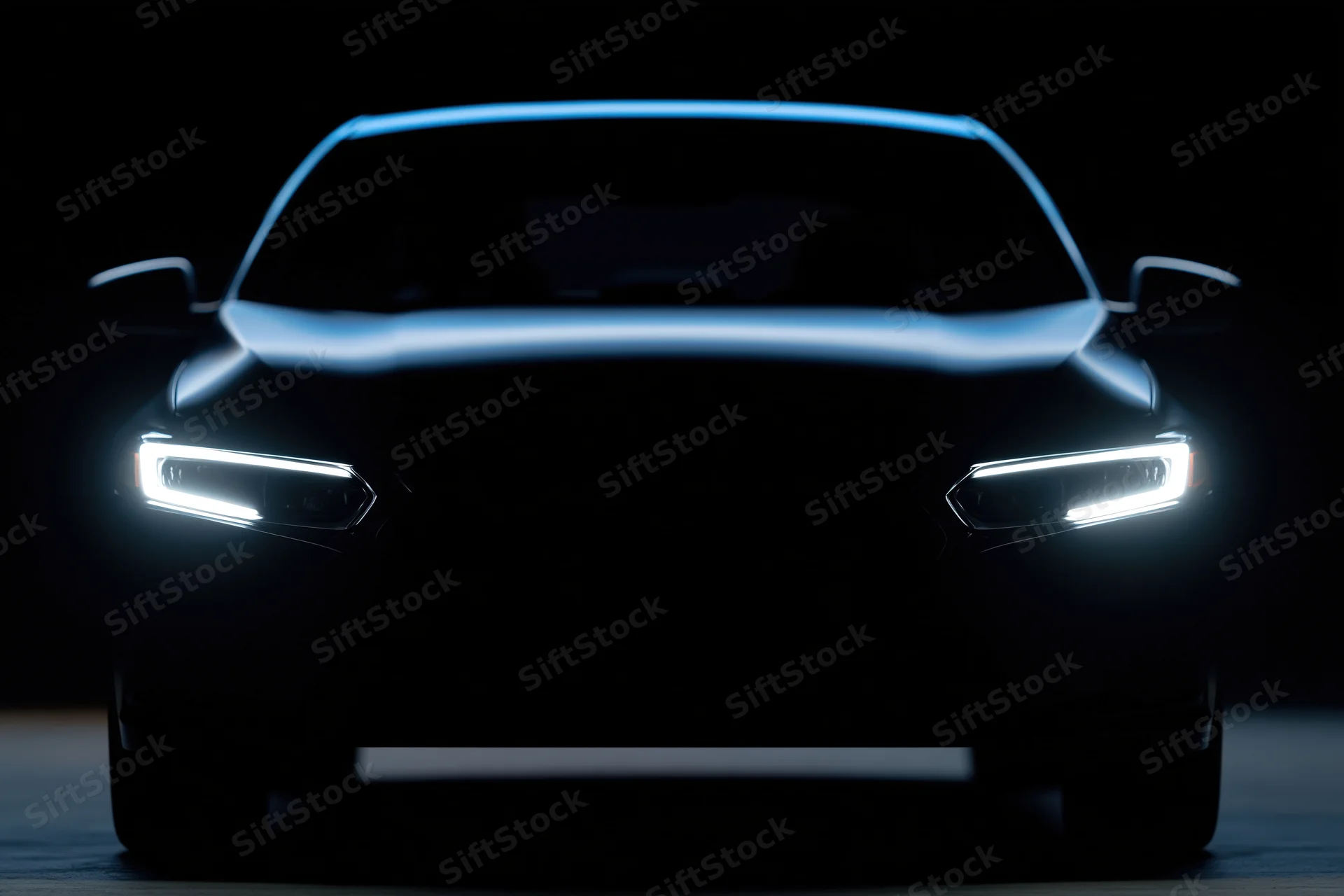 Modern sedan silhouette with illuminated led headlights in dark studio setting