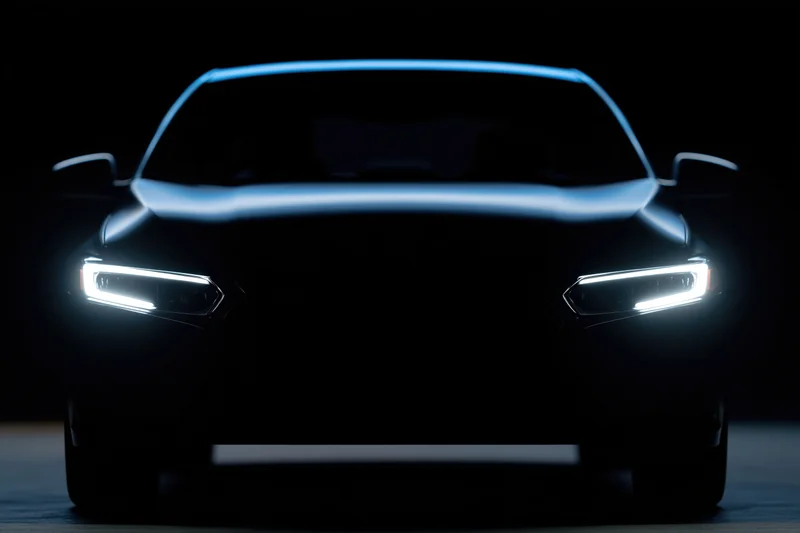 Modern sedan silhouette with illuminated led headlights in dark studio setting