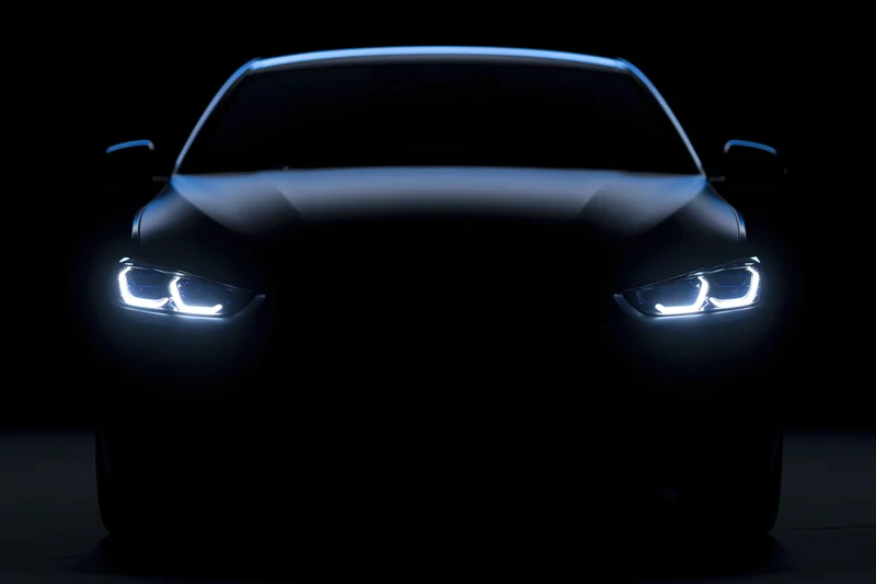 Modern sedan facing forward with illuminated led headlights in dark studio setting