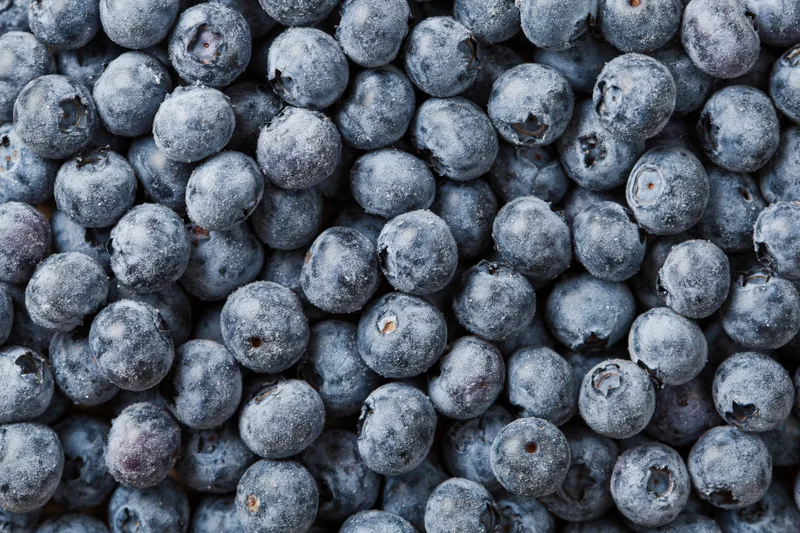 Frozen blueberries filling the frame in a close-up view