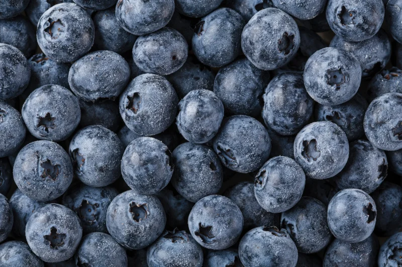 Closeup of fresh blueberries filling the frame in a dense cluster