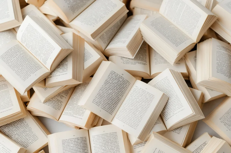 Open hardcover books scattered randomly across a white surface