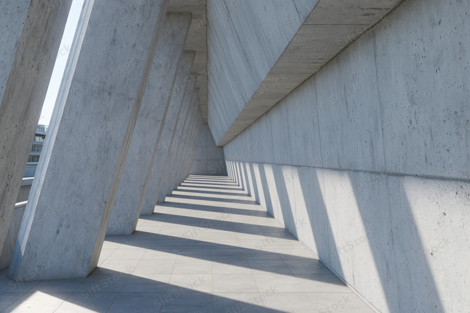 Long concrete corridor with angled columns and shadows receding into distance