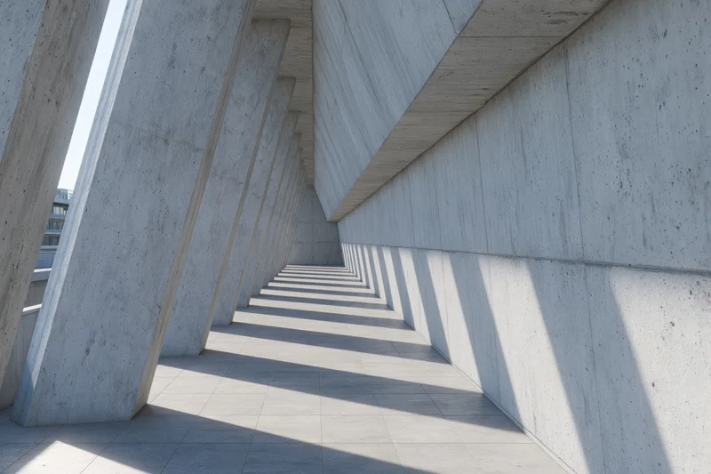 Long concrete corridor with angled columns and shadows receding into distance