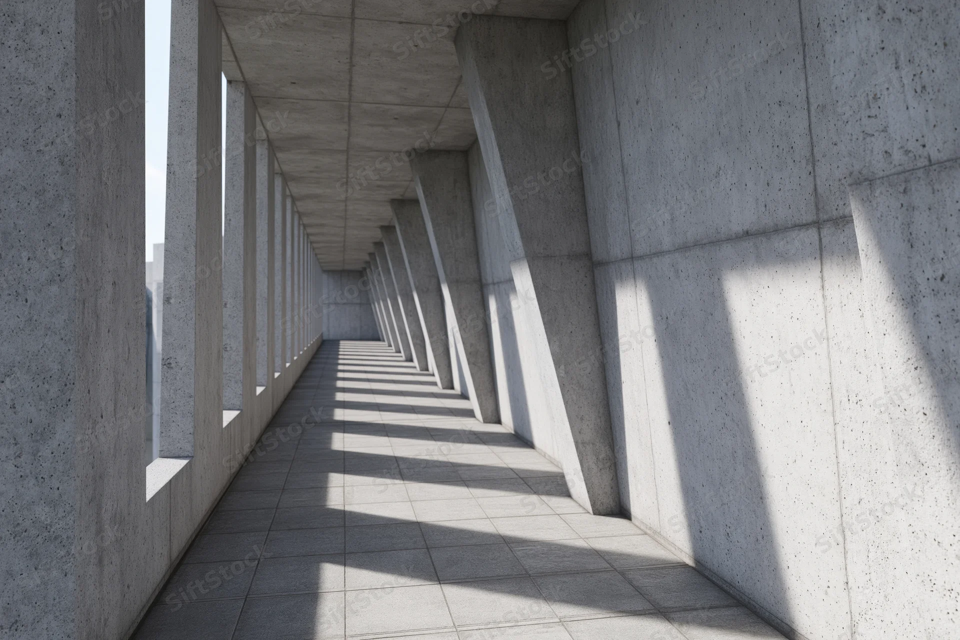 Long concrete corridor with angled columns and sunlight casting shadows along the walkway
