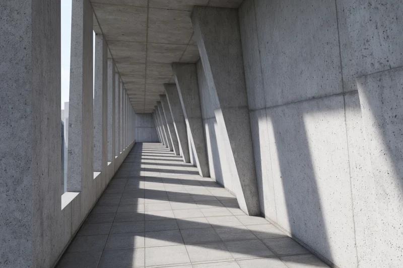 Long concrete corridor with angled columns and sunlight casting shadows along the walkway