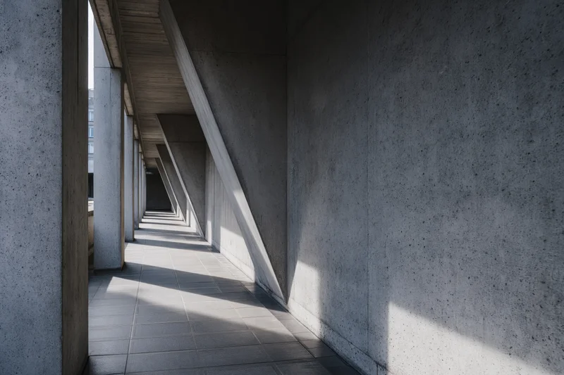 Long concrete corridor with angled columns and shadows cast by sunlight