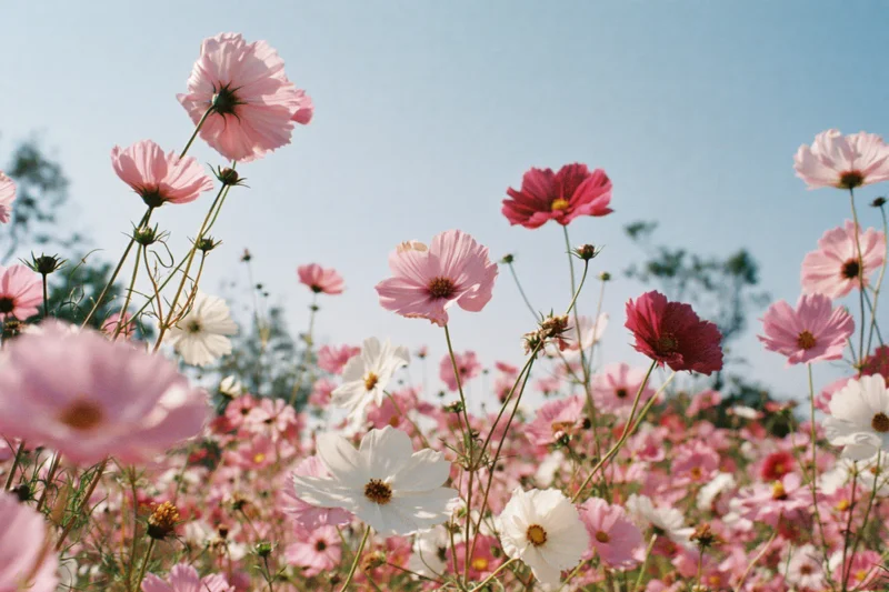 Cosmos flowers in full bloom in a field under a clear blue sky