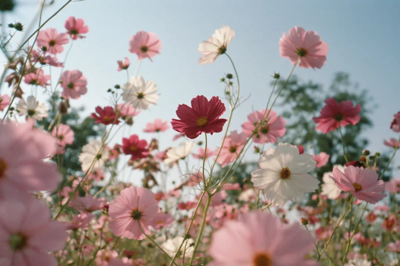 Cosmos flowers in full bloom in a field under a clear sky