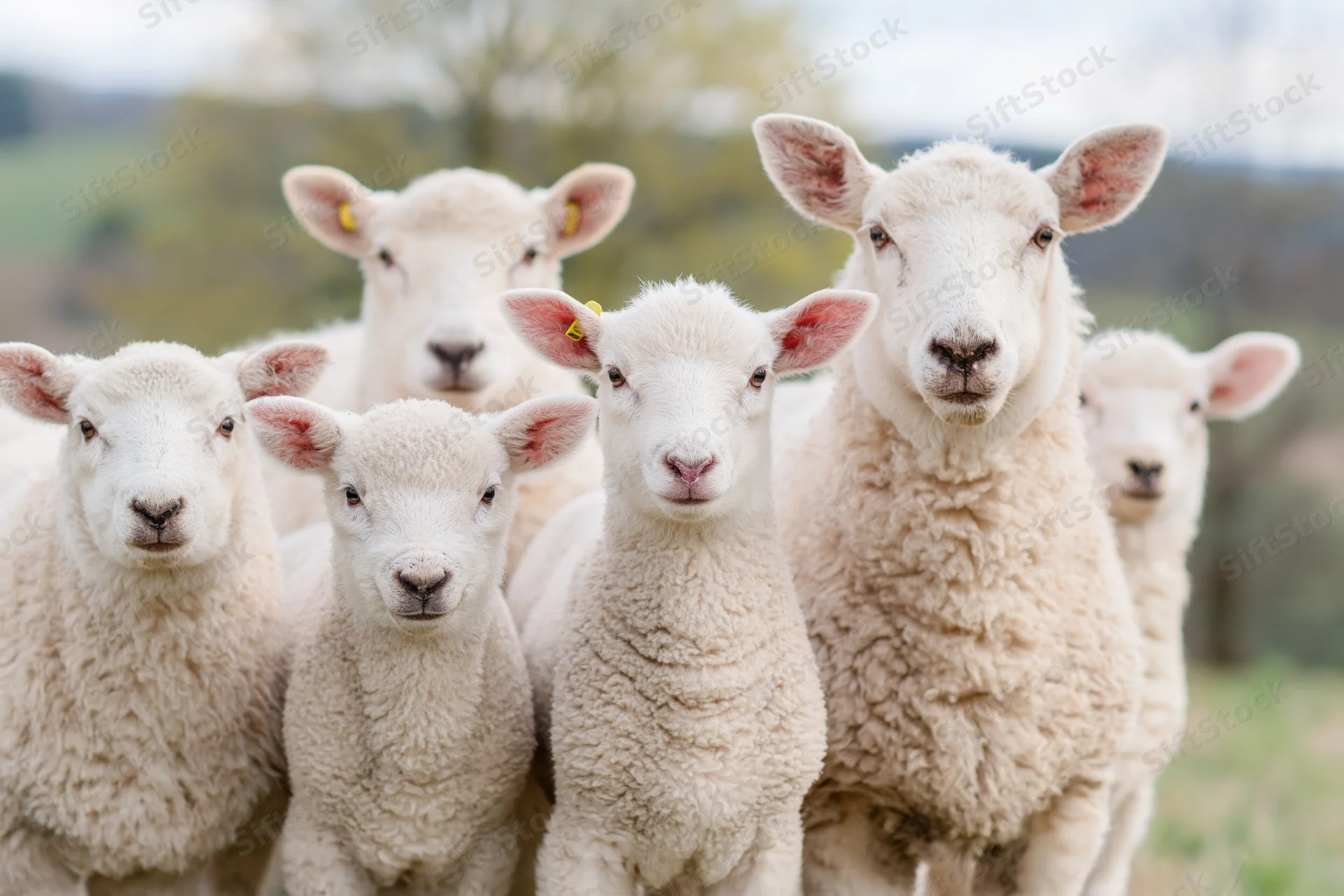 Five white sheep and lambs standing close together facing the camera in a grassy field