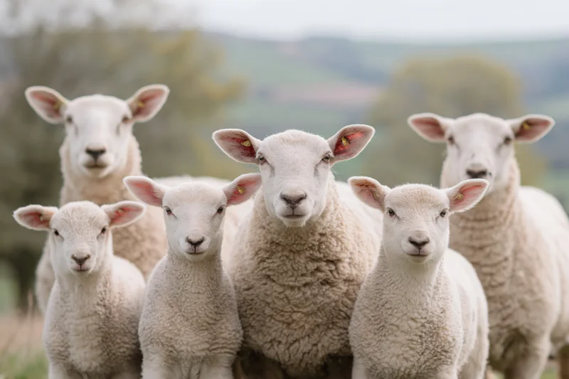 Five white sheep and lambs standing close together facing the camera in a grassy field