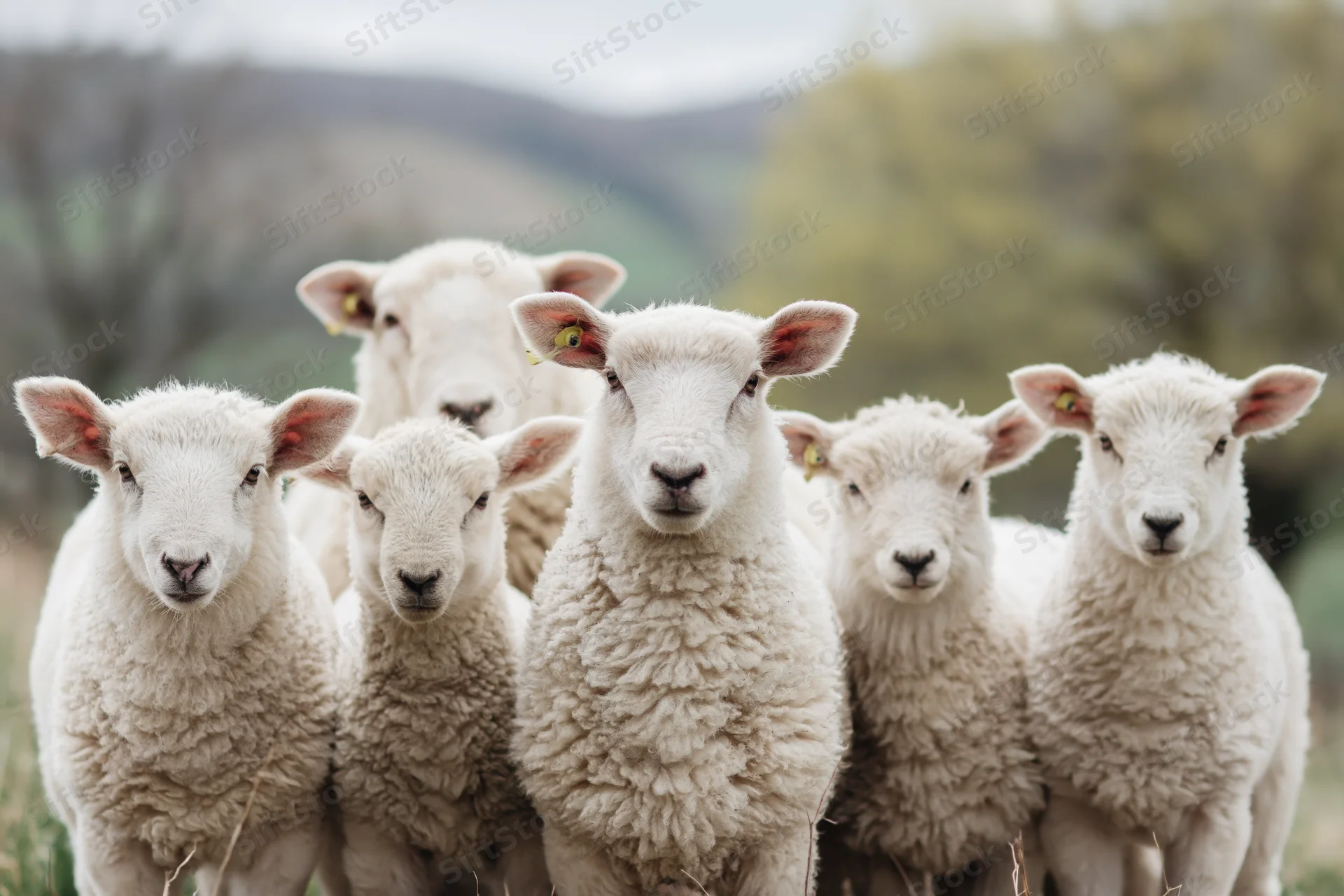 Five white sheep and lambs standing close together facing the camera in a grassy field