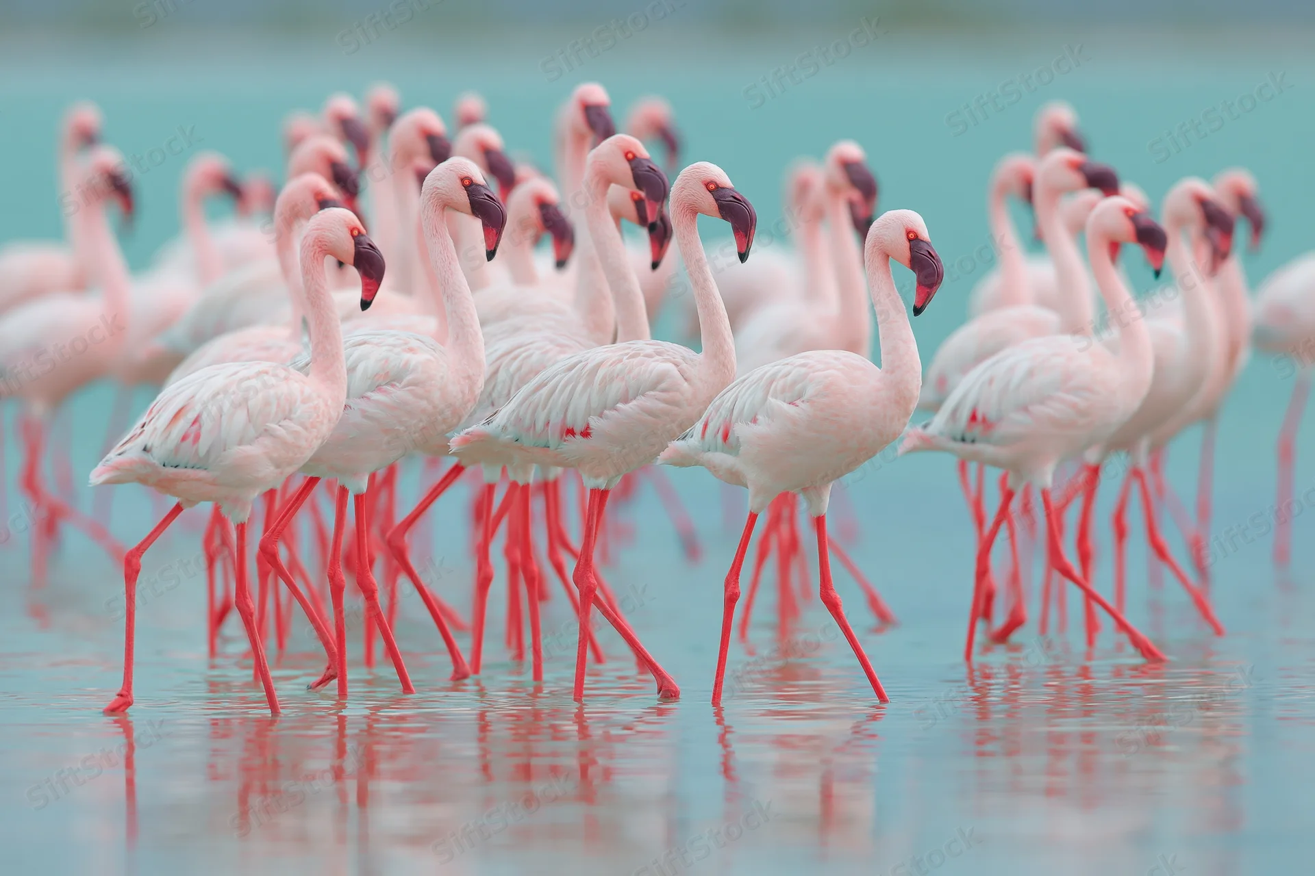 Flock of lesser flamingos wading through shallow teal saltwater