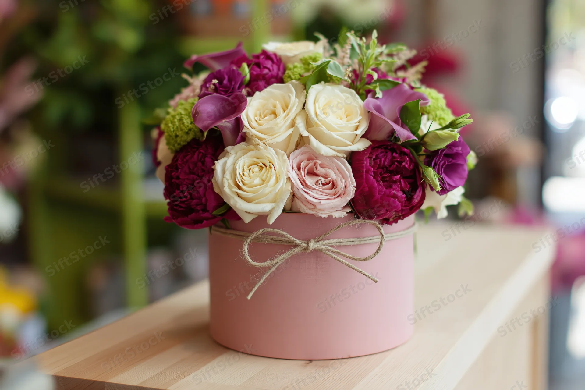 Floral arrangement of cream roses and deep magenta peonies in a pink box on a wooden table