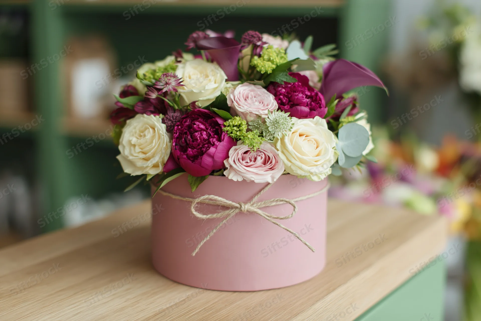 Floral bouquet of cream roses and deep magenta peonies in a pink box on a wooden table