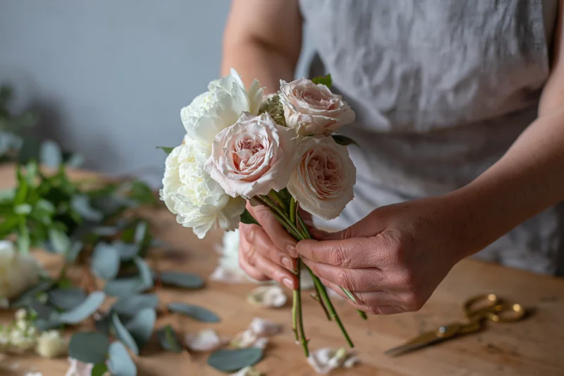 Florist arranging a small bridal bouquet of white peonies and pink roses on a wooden table