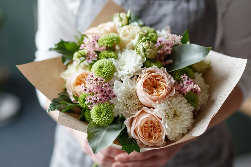 Woman holding a mixed flower bouquet wrapped in paper at chest height