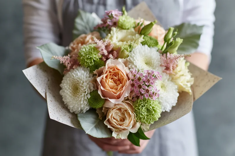 Woman holding a mixed flower bouquet at chest height closeup