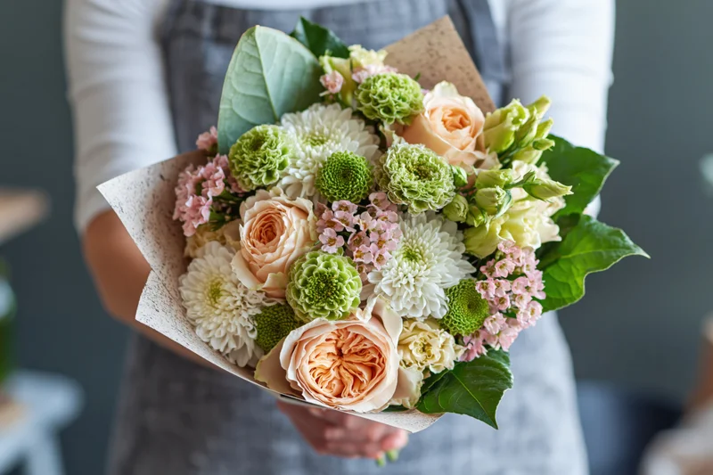 Florist holding a mixed flower bouquet at chest height closeup