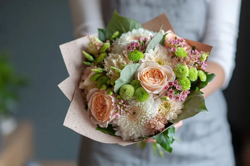 Woman holding a mixed flower bouquet wrapped in paper at chest height