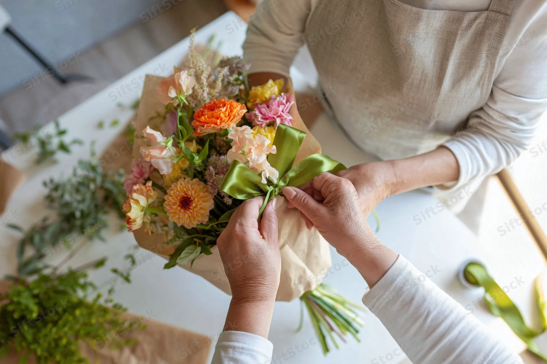 Florist tying a green satin ribbon around a wrapped bouquet on a white table