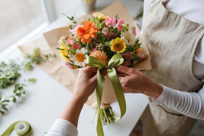 Florist tying green satin ribbon around wrapped bouquet on white table