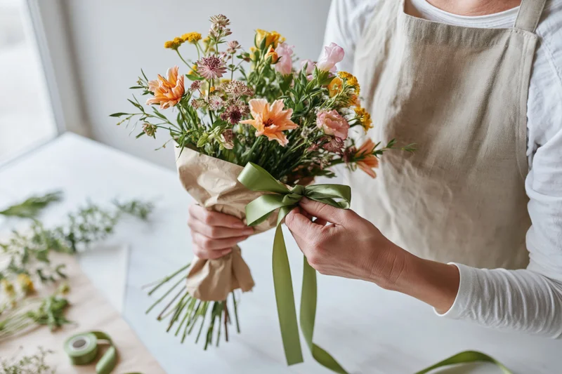 Woman tying green satin ribbon around wrapped bouquet on white table