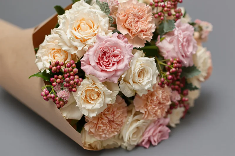 A bouquet of cream and pink roses and carnations wrapped in brown paper on a gray surface