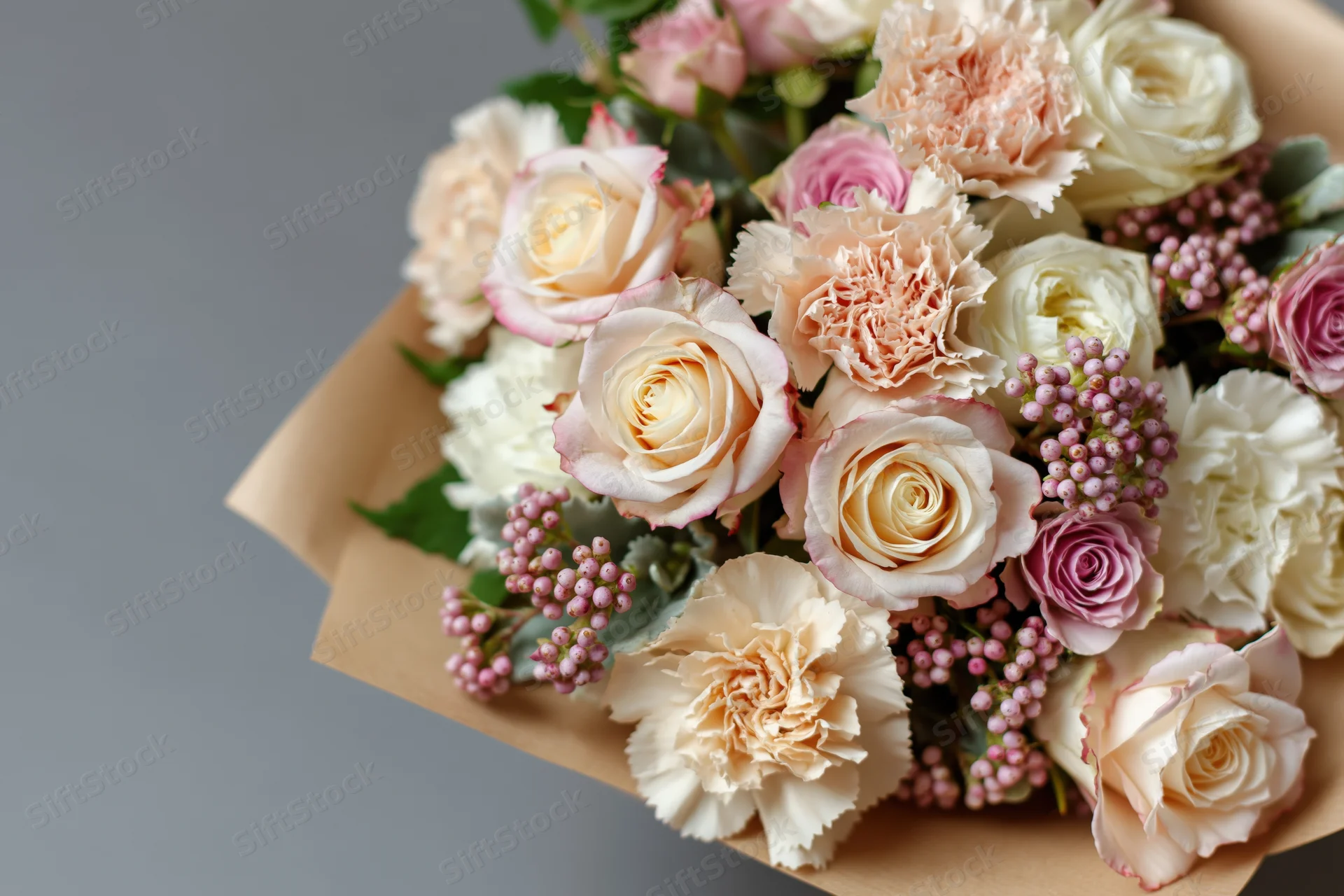Close-up of a bouquet of cream and blush pink roses and carnations wrapped in kraft paper on a gray surface