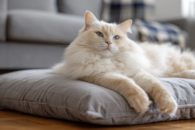 Fluffy cream-colored ragdoll cat lying relaxed on a cushion in a living room