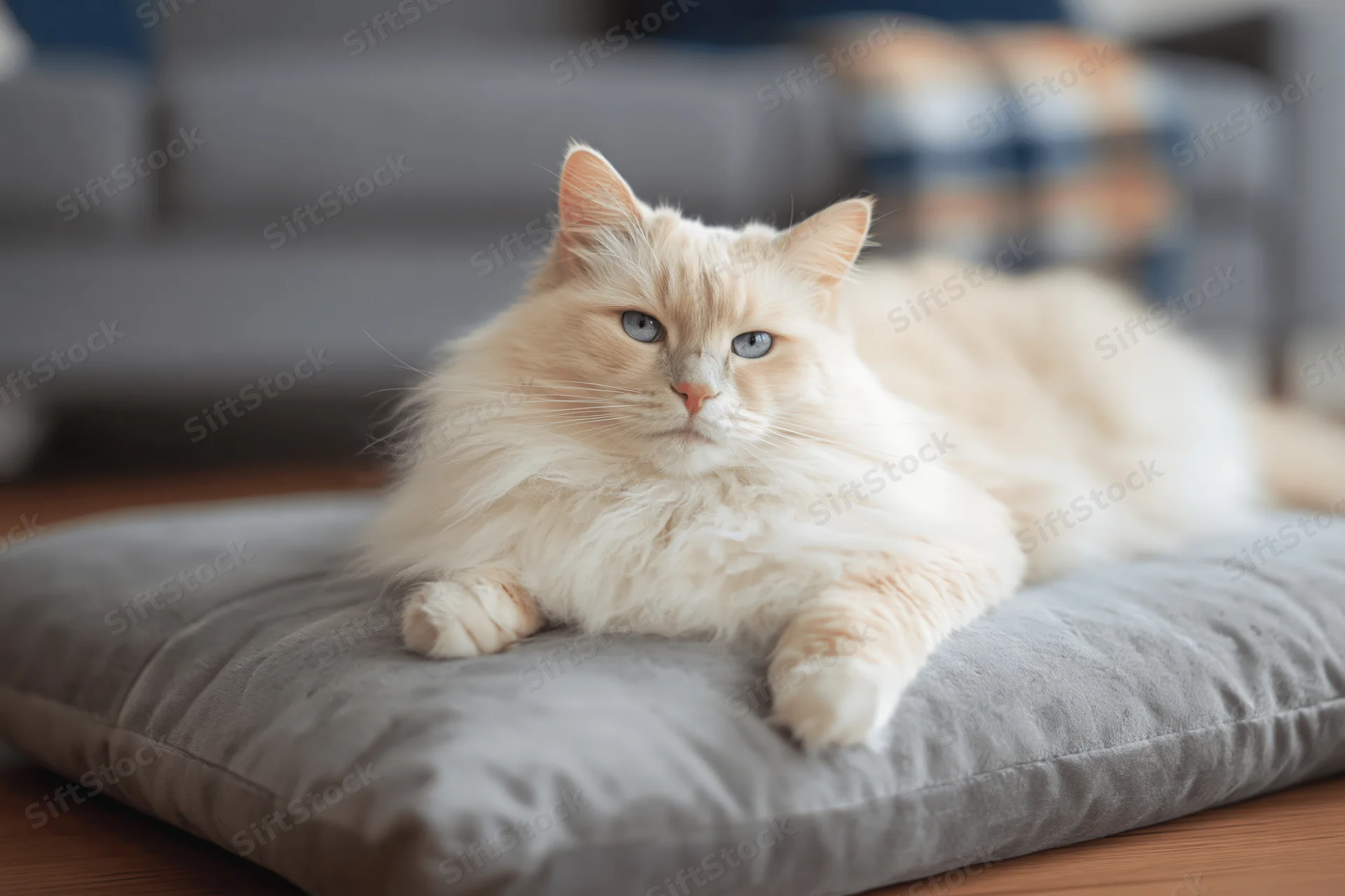 Fluffy cream-colored ragdoll cat lying relaxed on gray cushion in living room