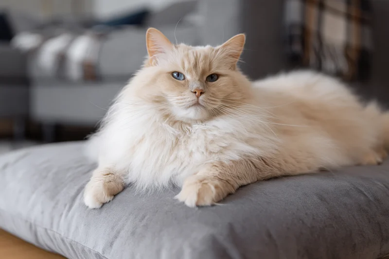 Fluffy cream-colored ragdoll cat lying relaxed on gray cushion in living room