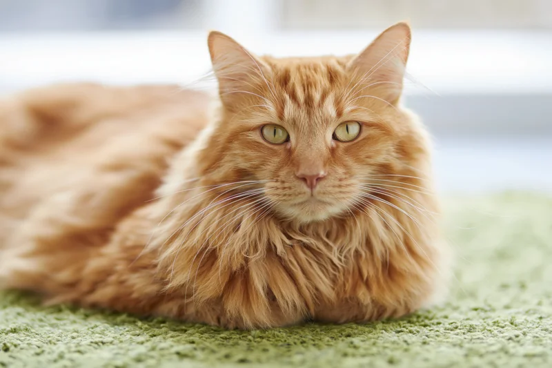 Fluffy ginger tabby cat lying relaxed on green carpet indoors