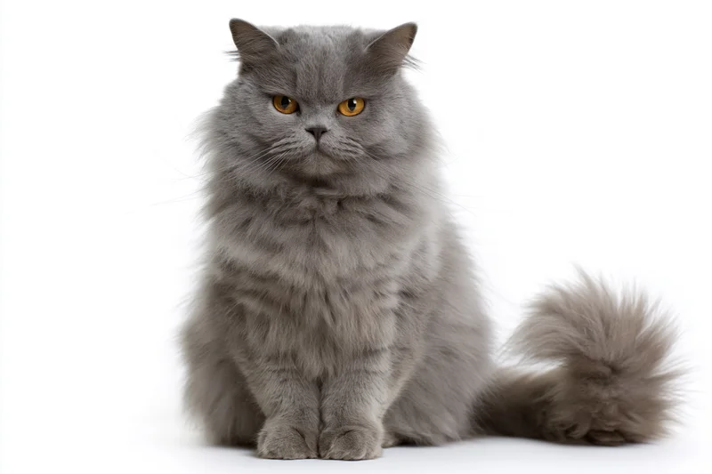 Fluffy grey british longhair cat sitting upright facing forward on white background
