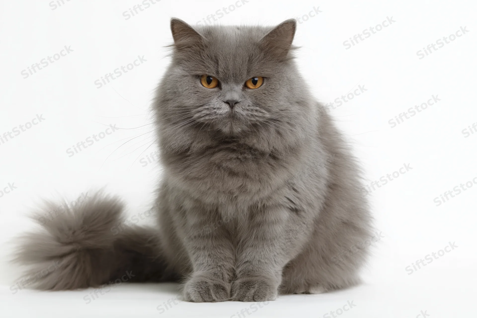 Fluffy grey british longhair cat sitting upright facing front in studio portrait