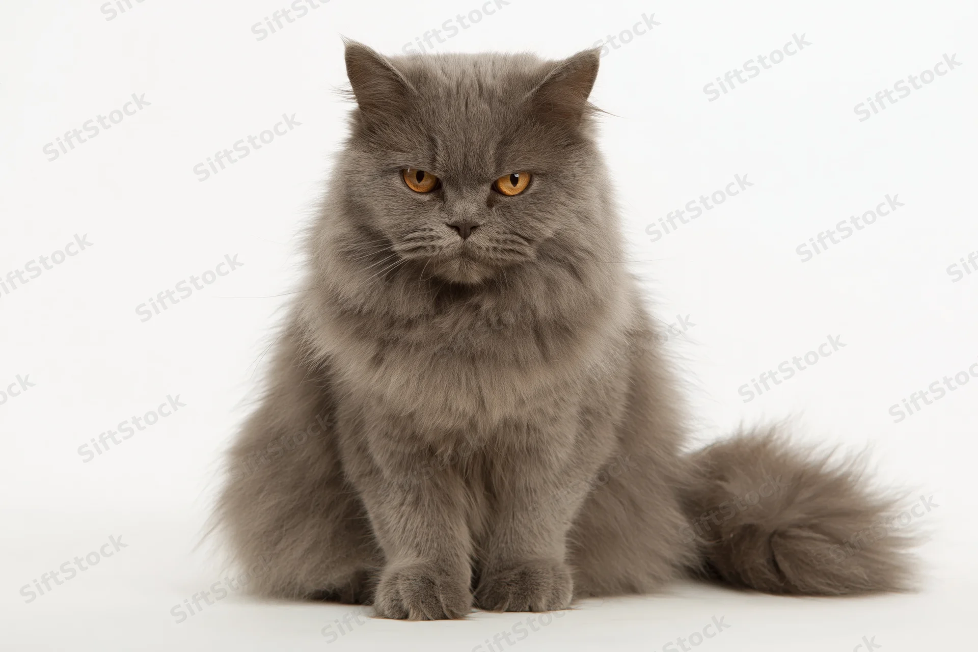 Fluffy grey british longhair cat sitting upright facing front in studio portrait