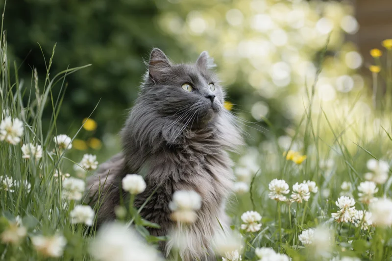 Fluffy grey longhaired cat sitting alert in a garden meadow among white and yellow flowers