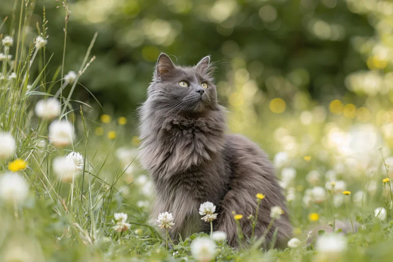 Fluffy grey longhaired cat sitting alert in a garden meadow among white and yellow flowers